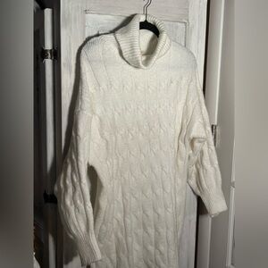 Cozy White Cable Knit Turtleneck Sweater Dress